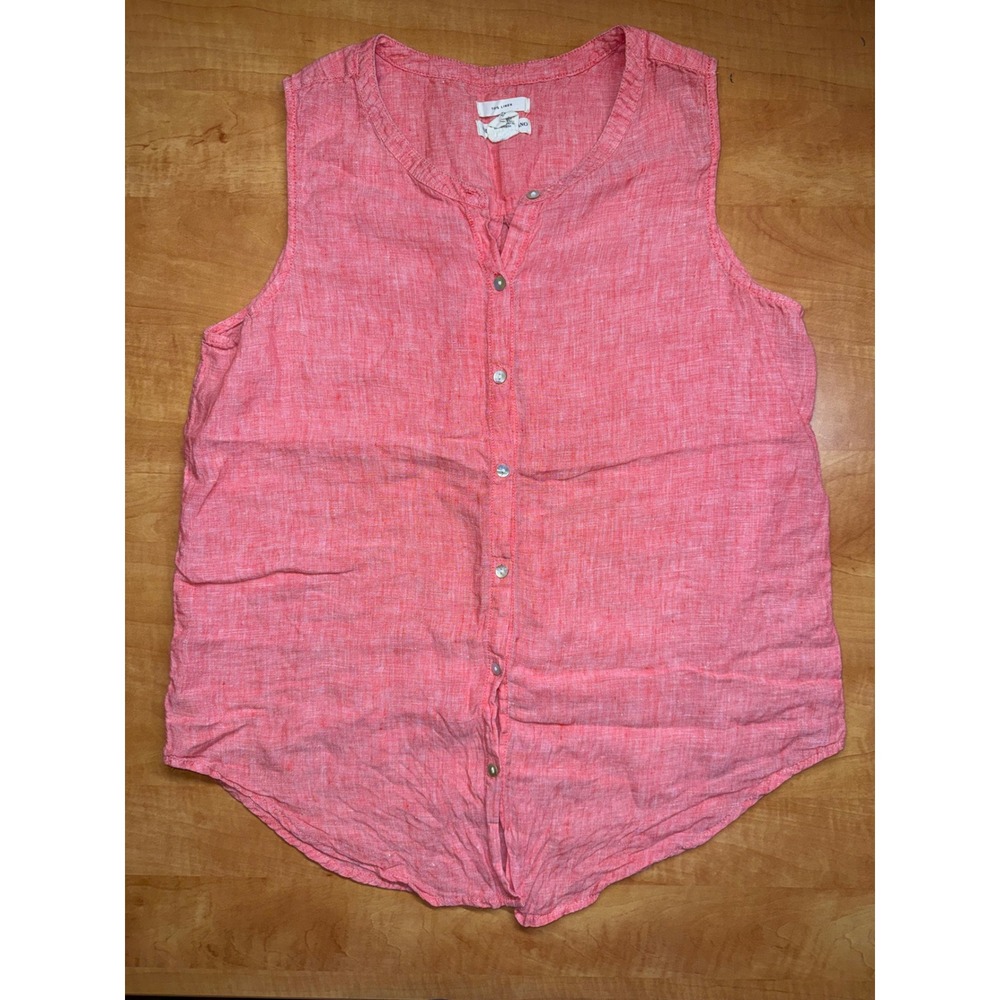 Christian Siriano New York 100% Linen Sleeveless Button Down Top Coral Pink Med